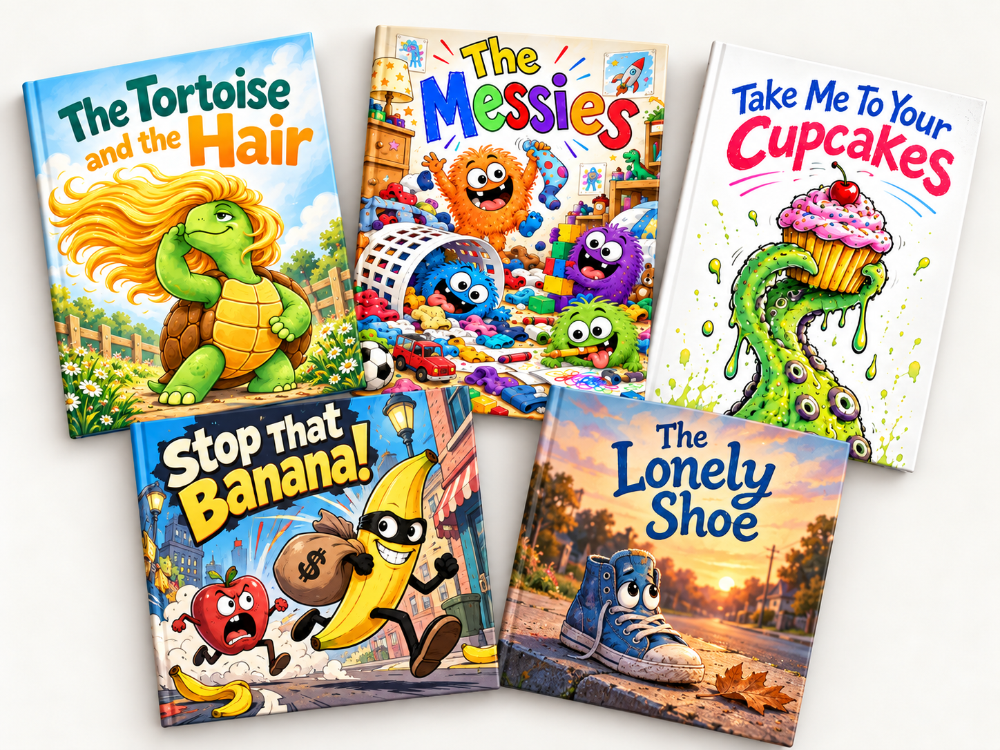 Five playful picture book concepts arranged in a natural spread: The Tortoise and the Hair, The Messies, Take Me to Your Cupcakes, Stop That Banana!, and The Lonely Shoe